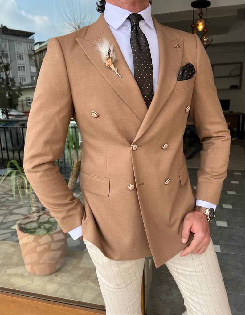 Slim Fit Grey Linen Double Breasted Jacket