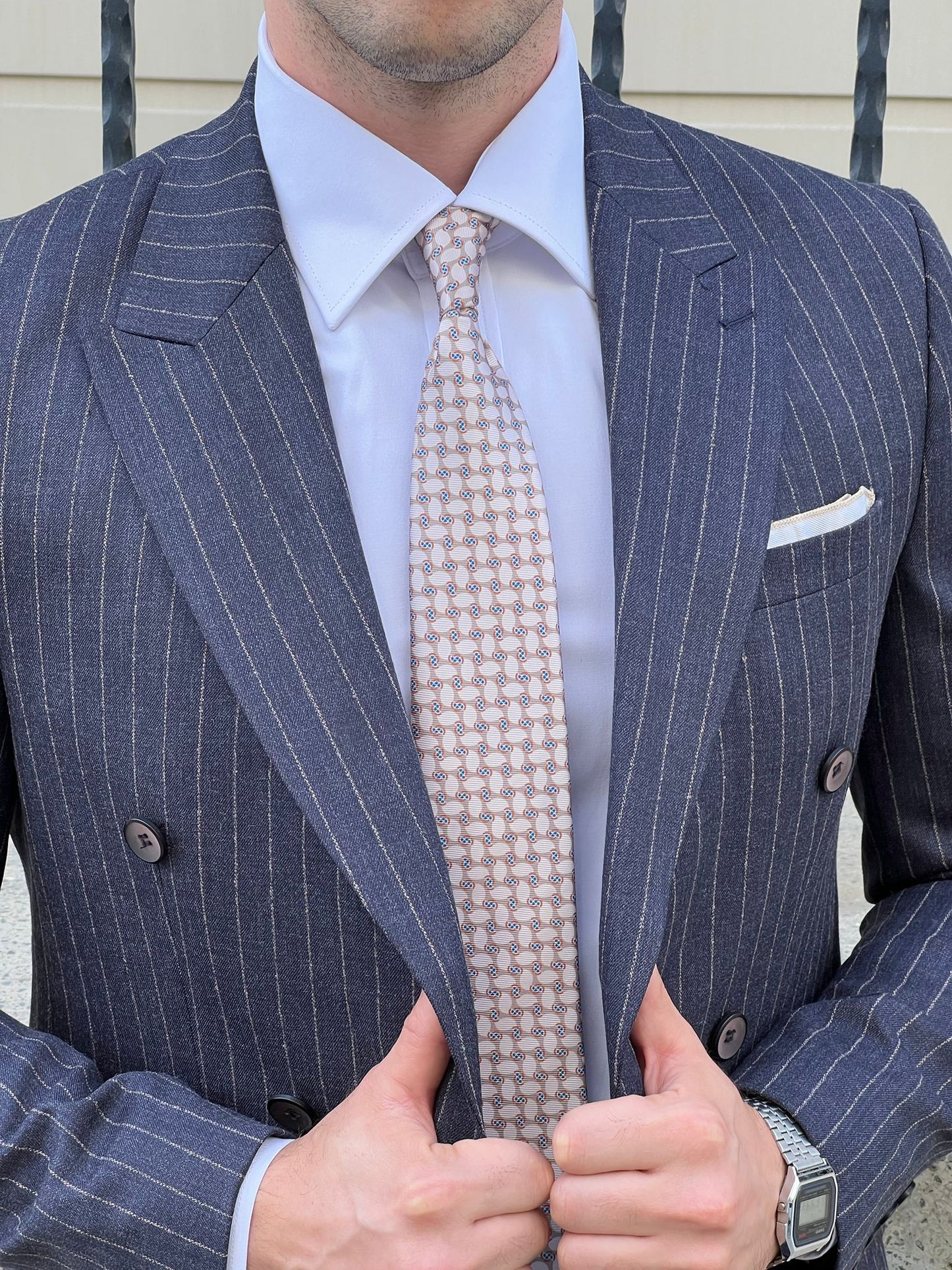 Conan Navy Blue Striped Double-Breasted Wool Suit