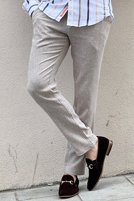 Axim Beige Self-Pattened Slim Fit Pants