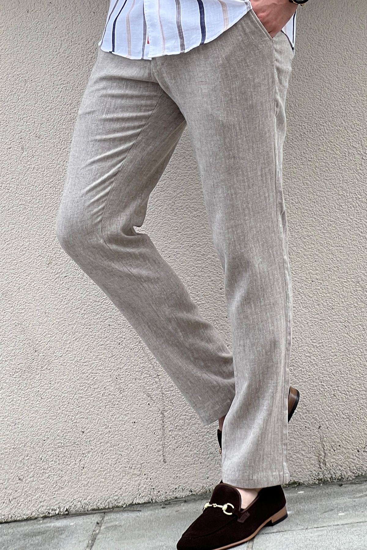 Axim Beige Self-Pattened Slim Fit Pants