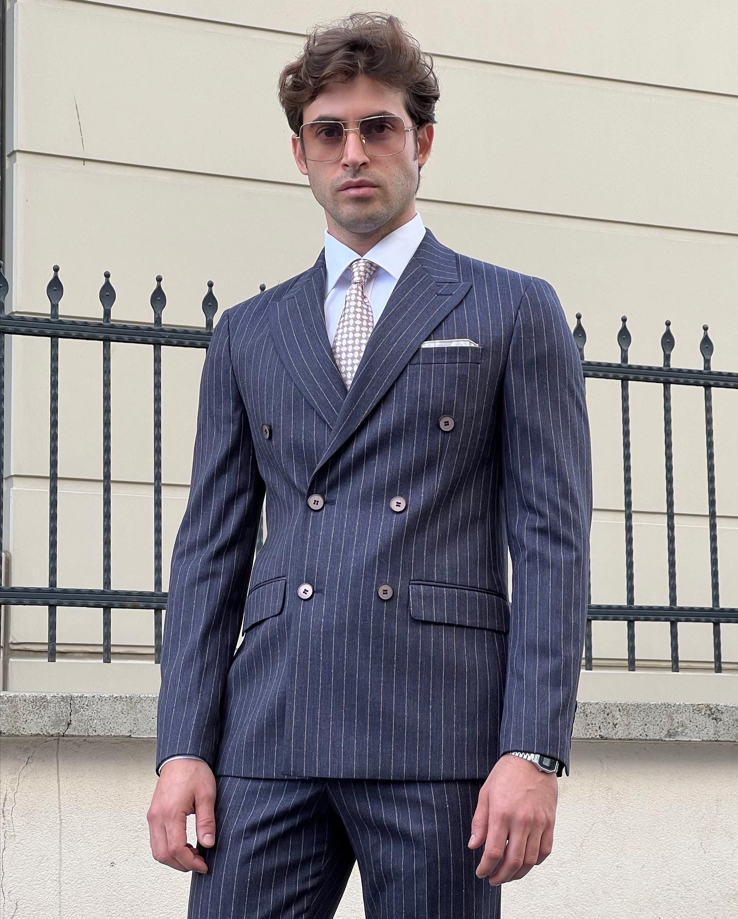 Conan Navy Blue Striped Double-Breasted Wool Suit