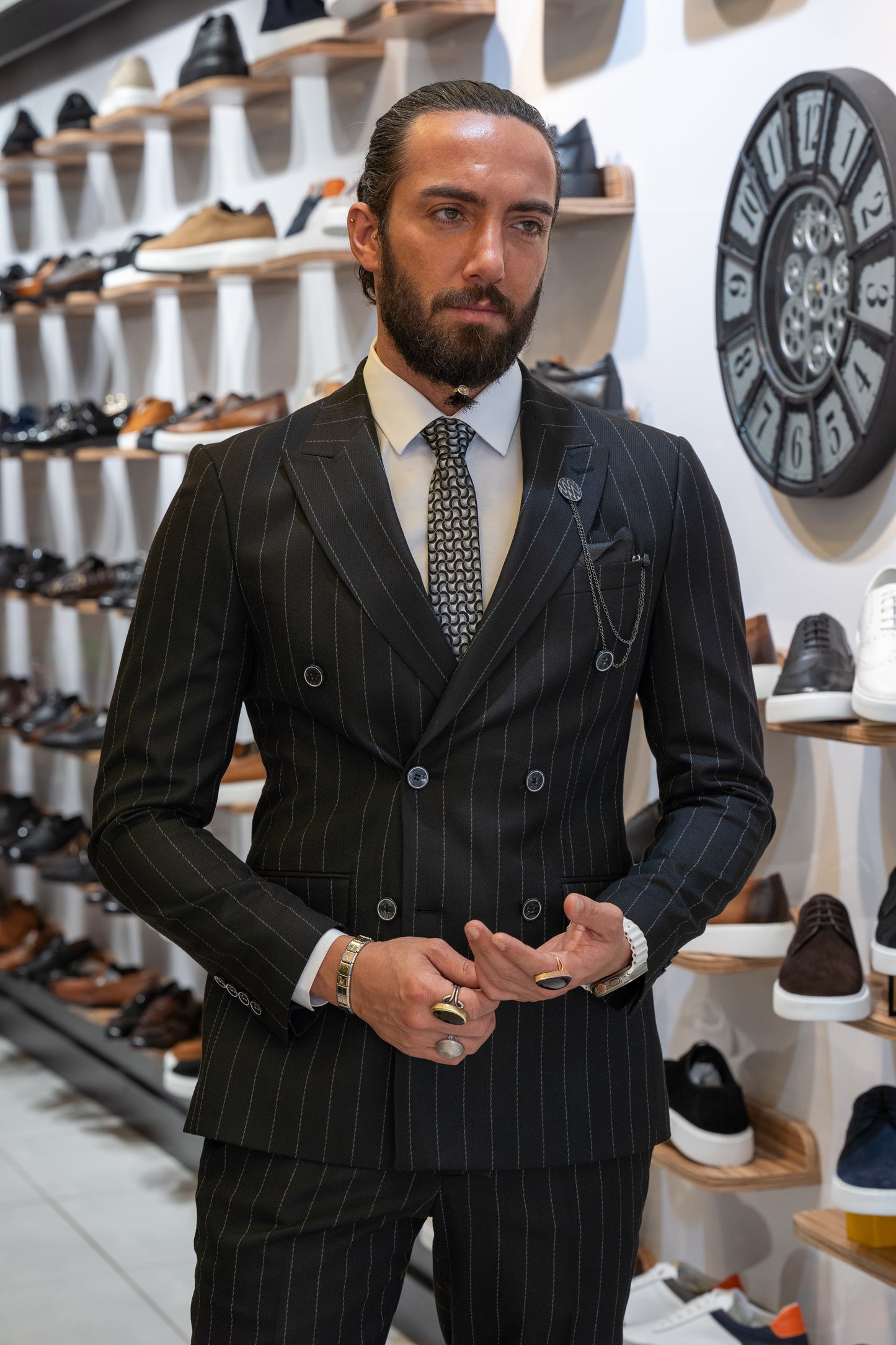 Glenn Black Striped Double Breasted Suit