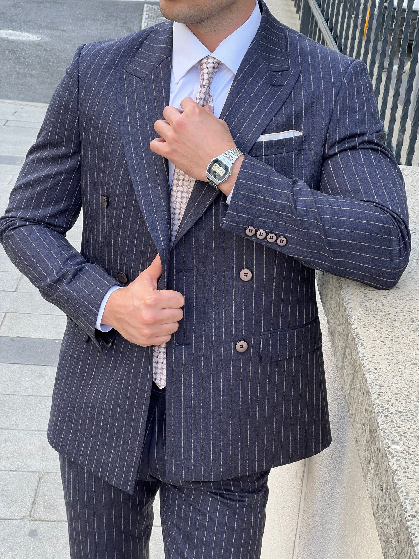 Conan Navy Blue Striped Double-Breasted Wool Suit