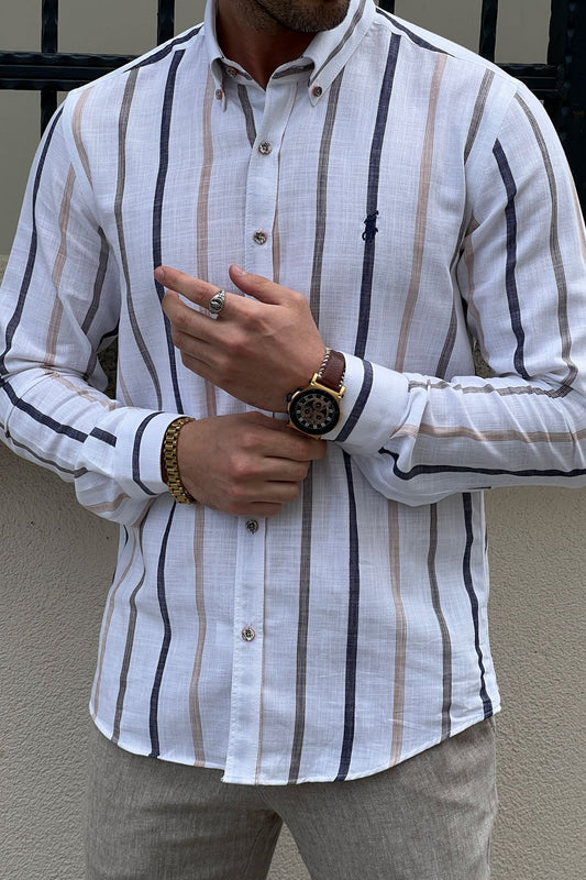 Axim Striped Slim Fit Shirt (White & Navy Blue)