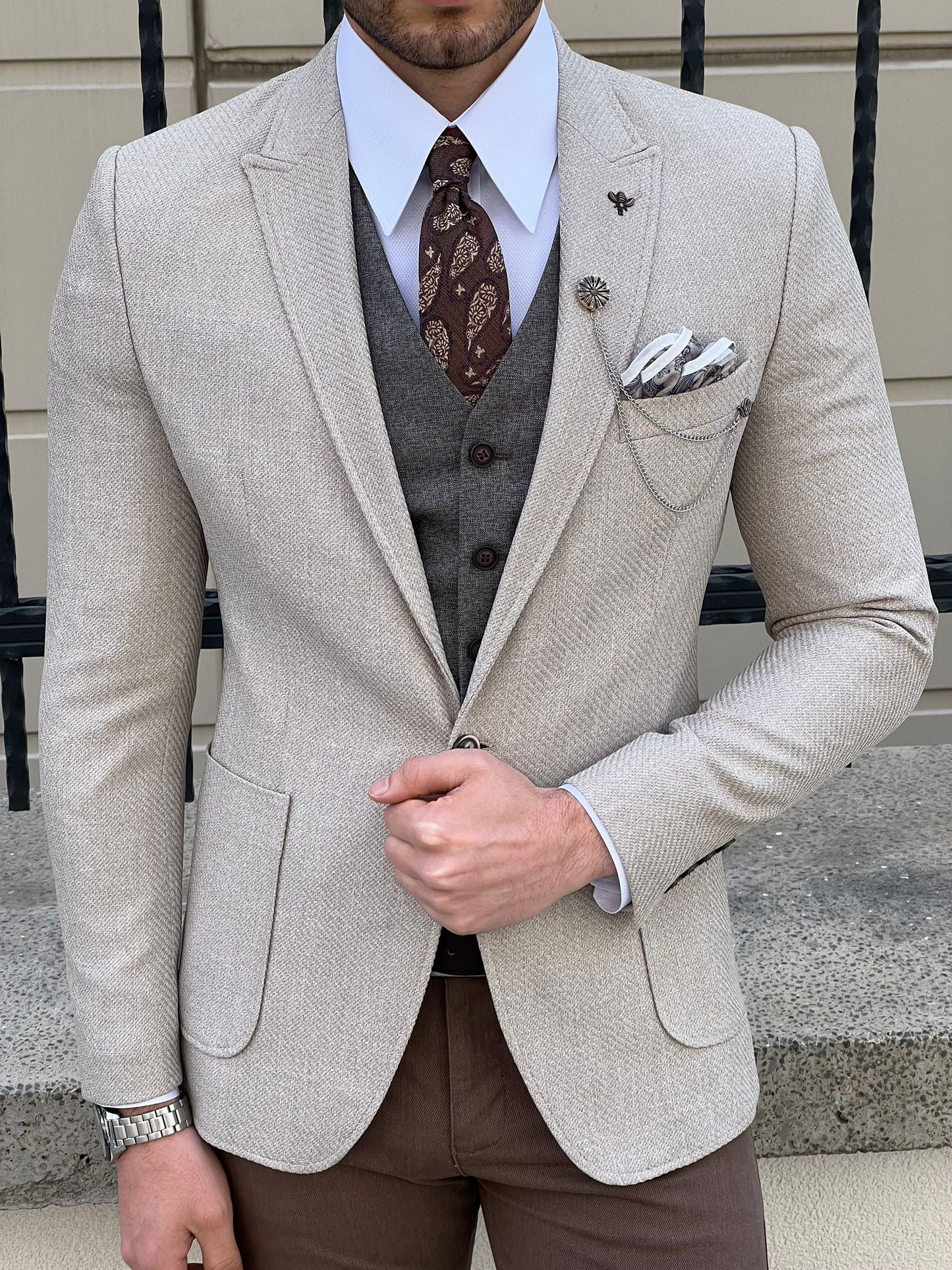 David Beige Self-Patterned Slim Fit Blazer