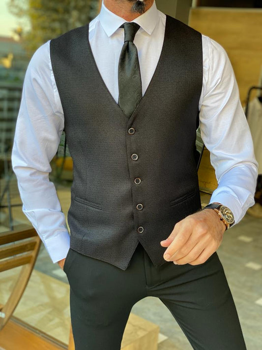 Fresno Black Slim Fit Buttoned Vest