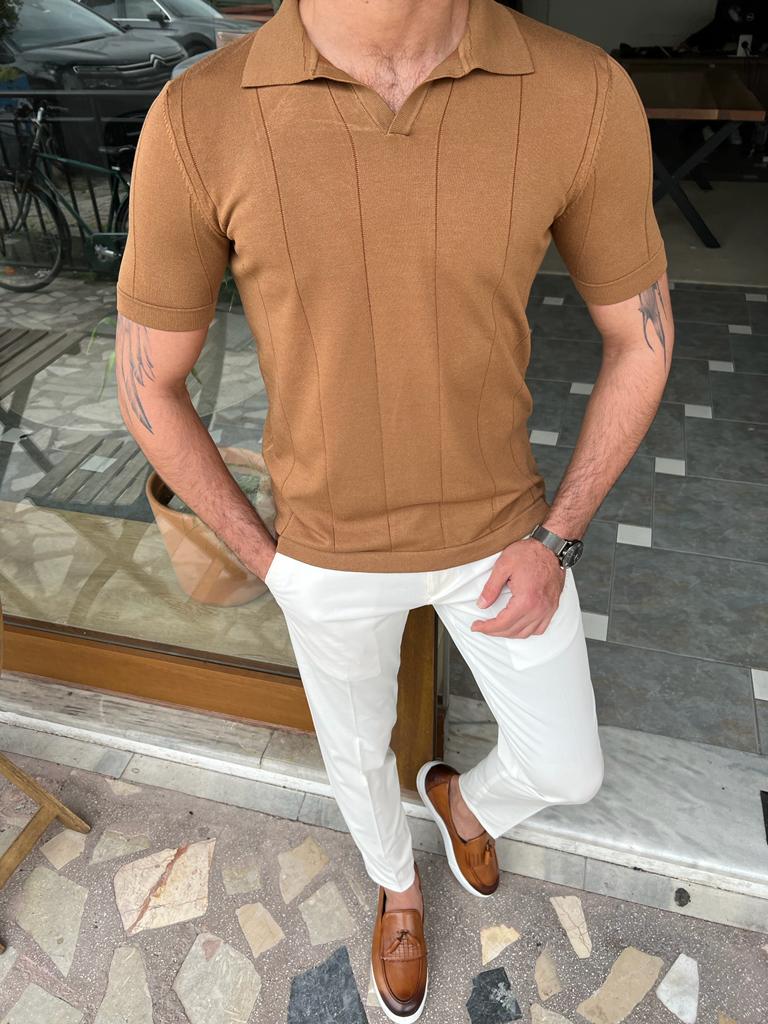 Alvaro Camel Striped Slim Fit T-Shirt