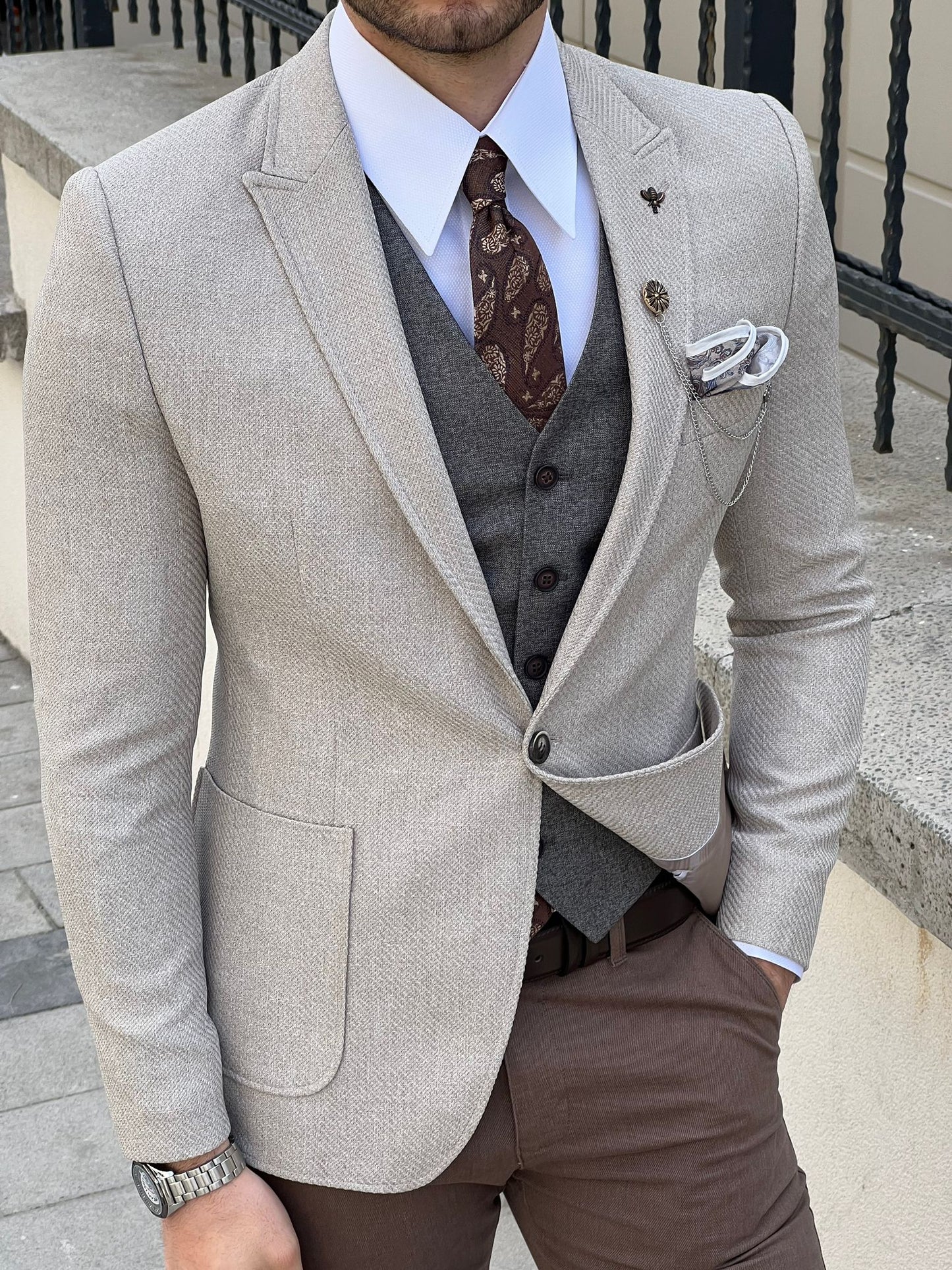 David Beige Self-Patterned Slim Fit Blazer