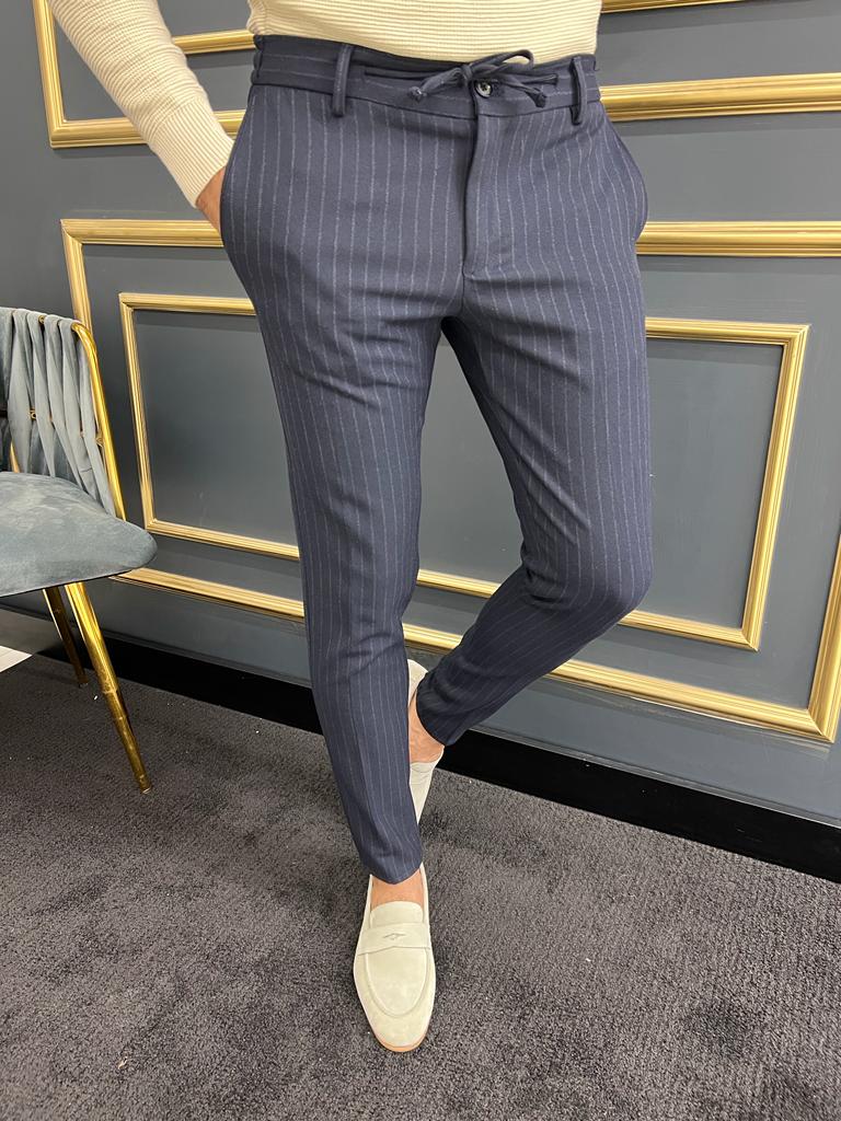 Gallen Navy Blue Striped Slim Fit Pants – Men's Priorities
