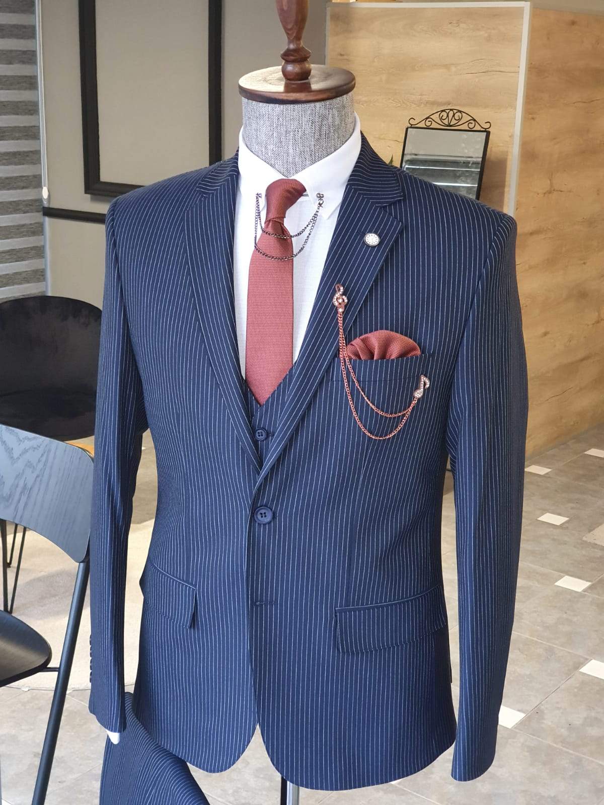 Varese Navy Blue Striped Slim Fit Suit