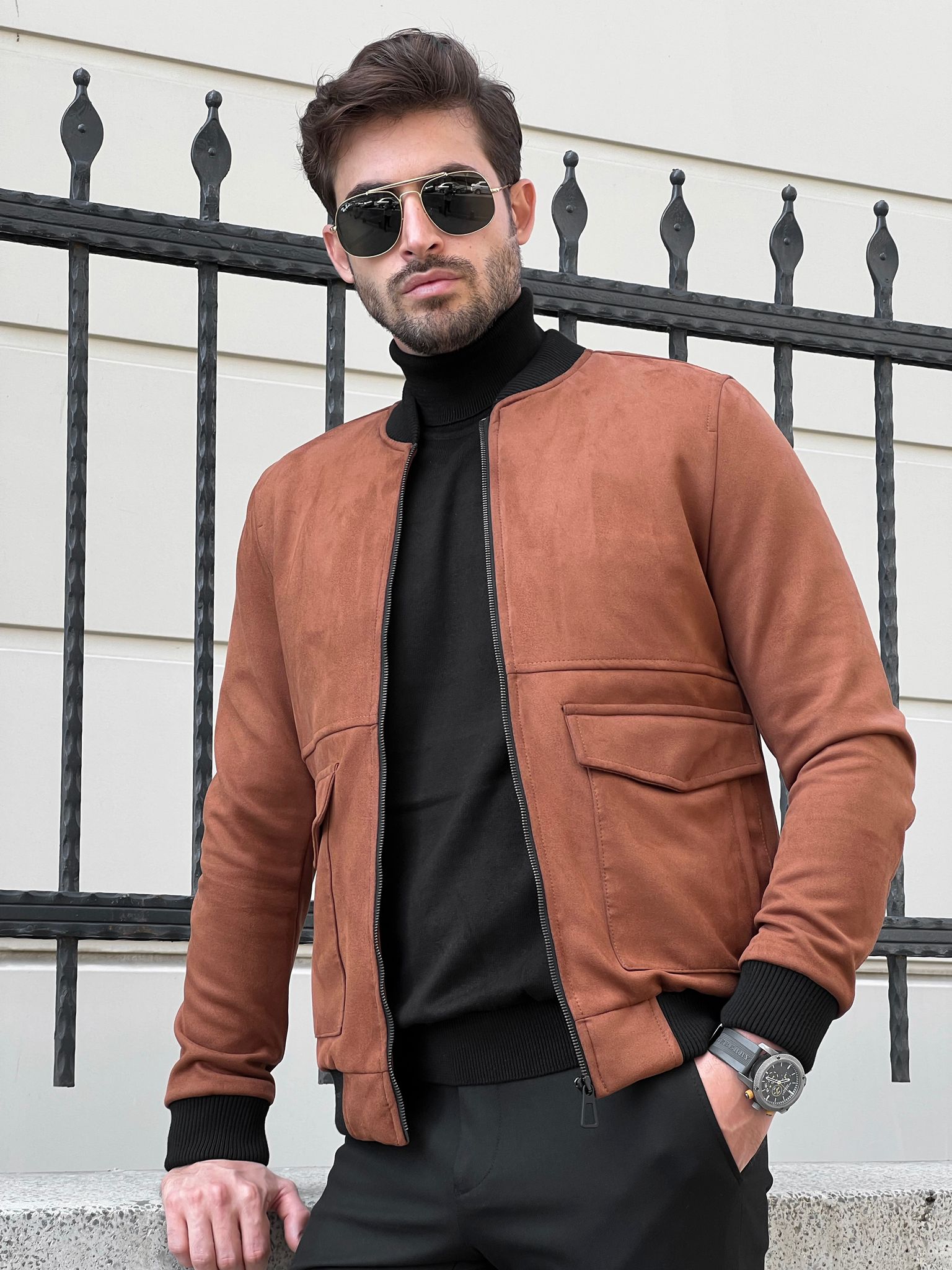 David Gandy Men's 100 % Real Brown Leather Suede Coat