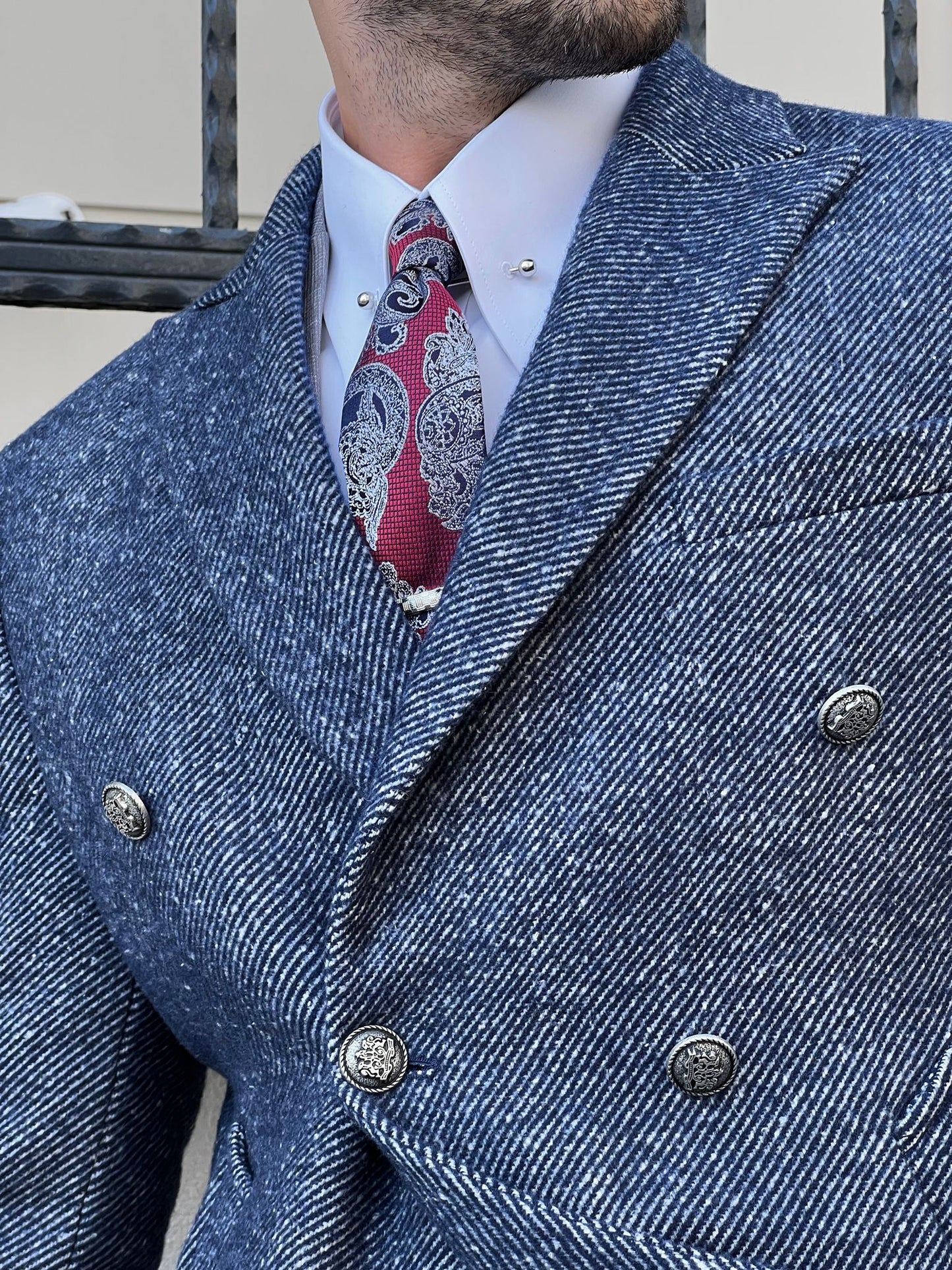 Allen Marbled Navy Blue Double Breasted Coat