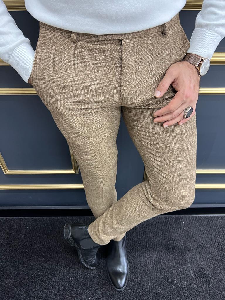 Ravello Camel Plaid Slim Fit Trousers