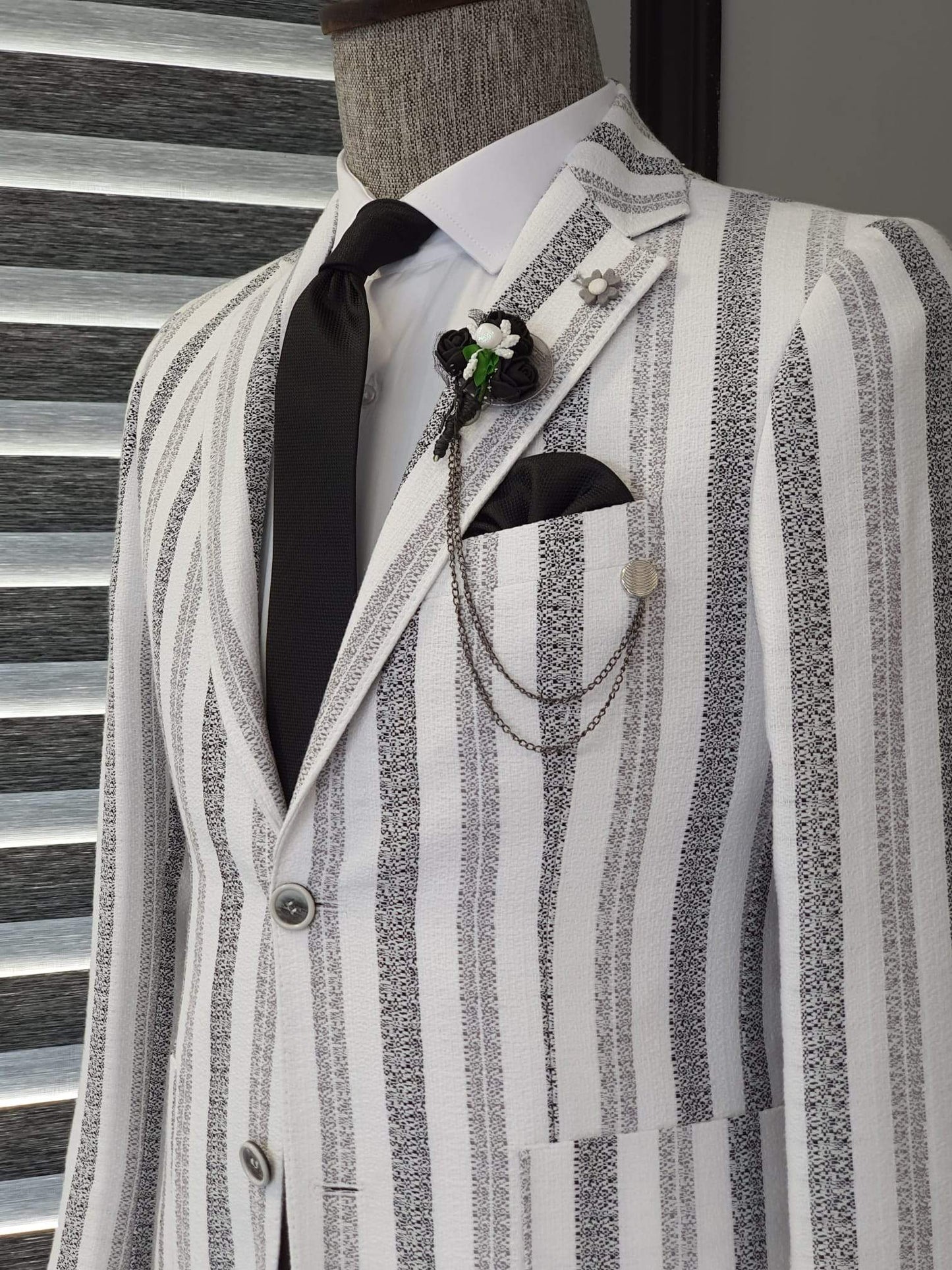 Burgas Striped Slim Fit Blazer (White & Black)