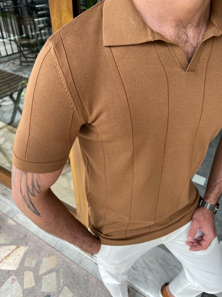 Alvaro Camel Striped Slim Fit T-Shirt