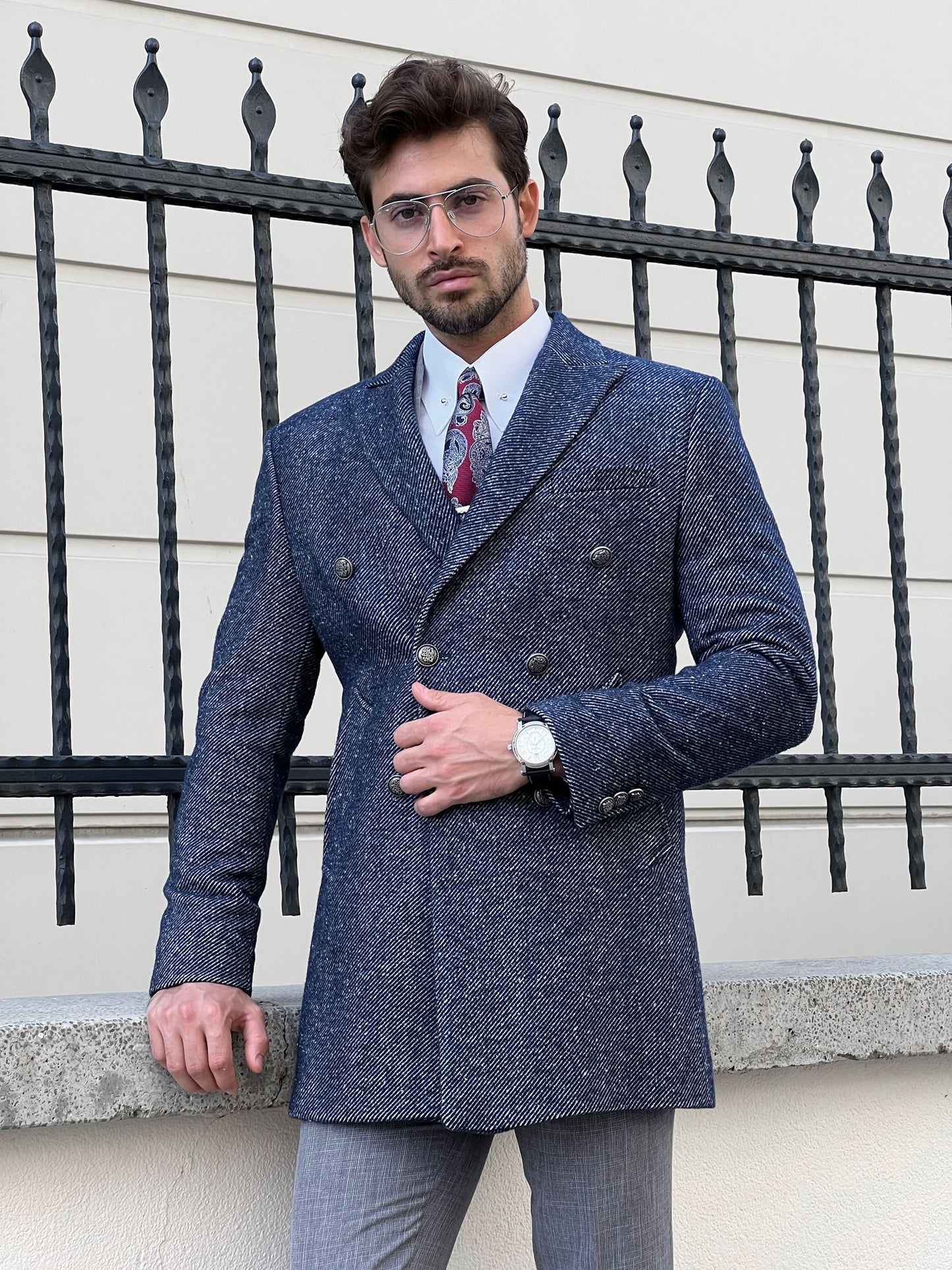 Allen Marbled Navy Blue Double Breasted Coat