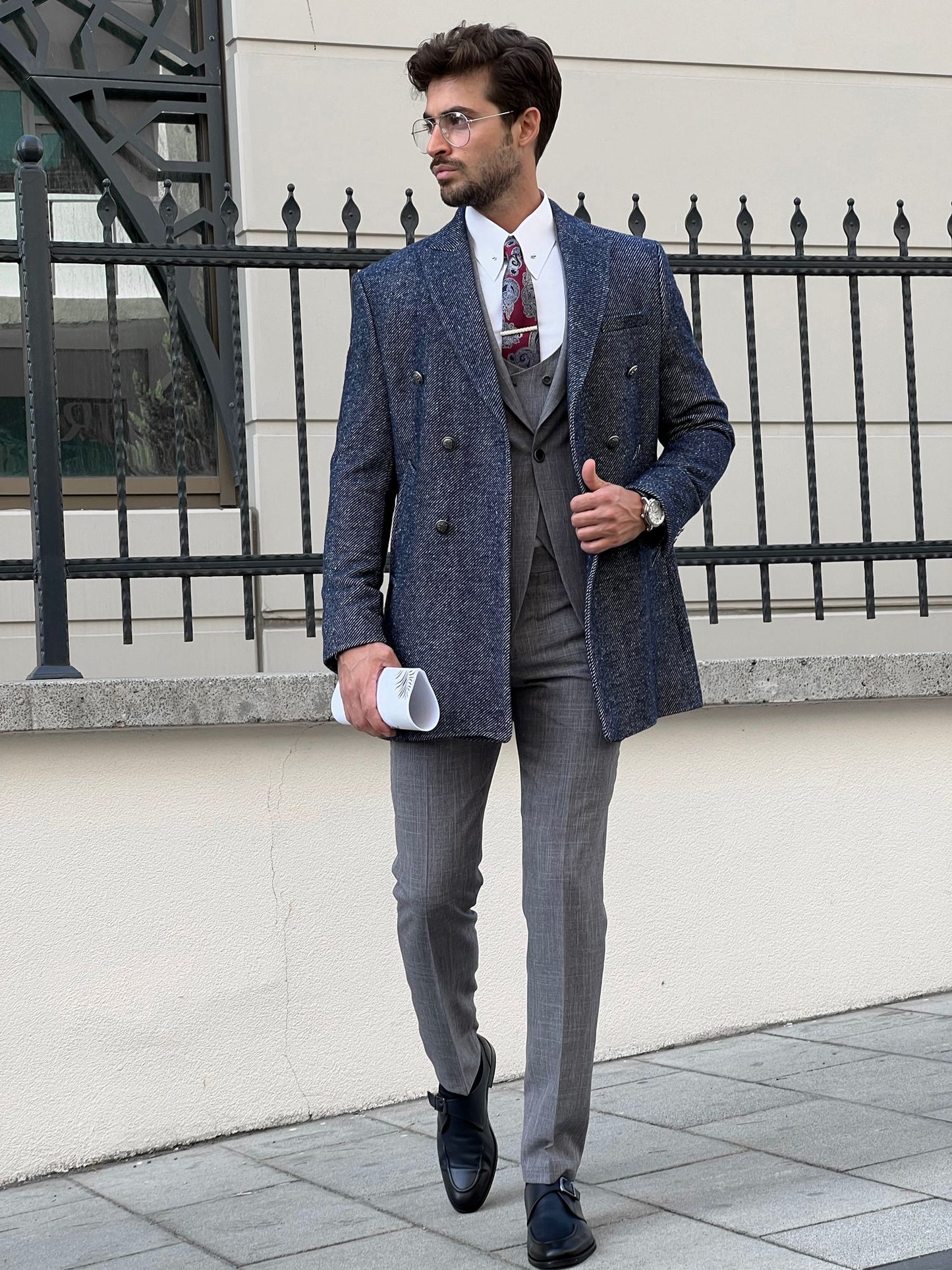 Allen Marbled Navy Blue Double Breasted Coat