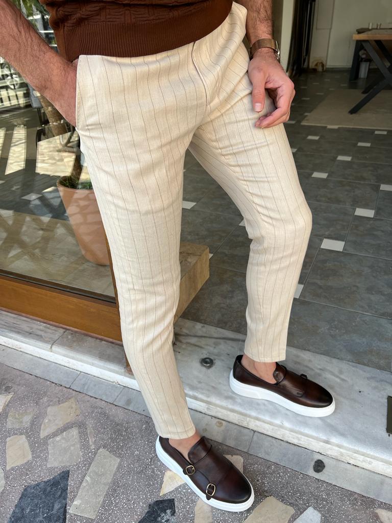 Lyon Beige Striped Slim Fit Pants – Men's Priorities