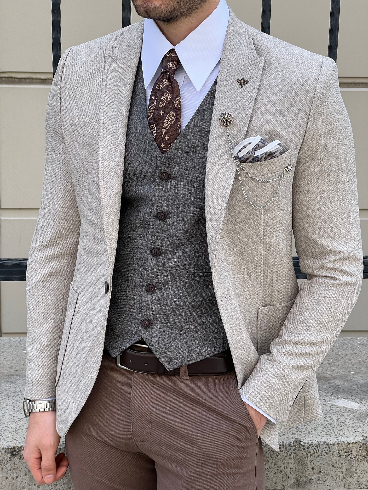 Philocaly - Grey 100% Linen Plain Flinter Blazer And Trouser Set For Men